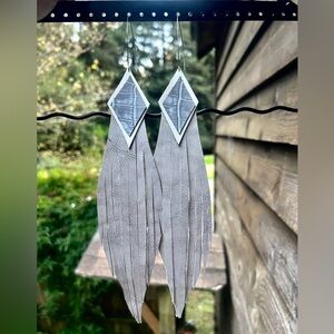 Handmade Gray Leather Fringe Feather XL Croc Coachella Rave Vibes Earrings